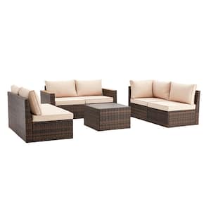 Brown 7-Piece Wicker Patio Conversation Set, Outdoor Sofa Set with Khaki Cushions