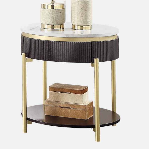 wetiny 23 in. Black Plus Dark Walnut Oval Faux Marble Top End Table