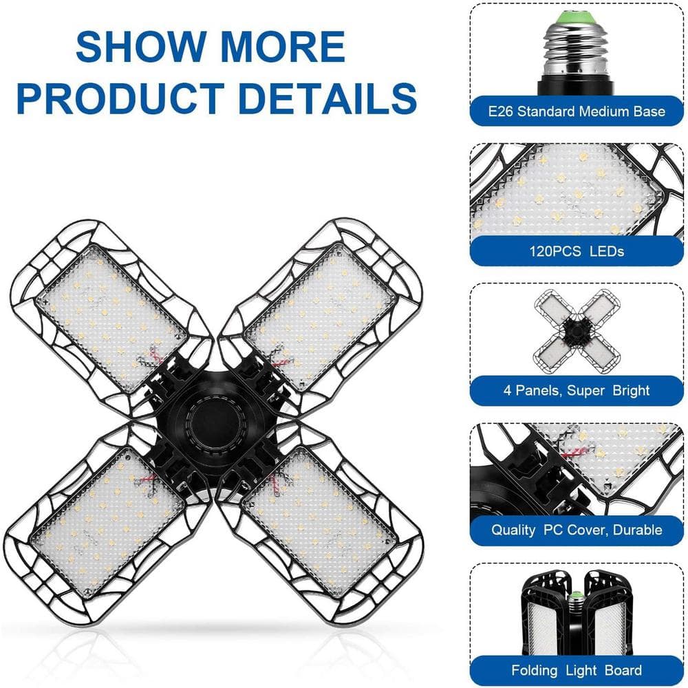 12 in. Adjustable LED Garage Light 4-Leaf Black - 80W 6500K Daylight Flush Mount for Garage or Workshop (2-Pack) price history on PriceWatchPro