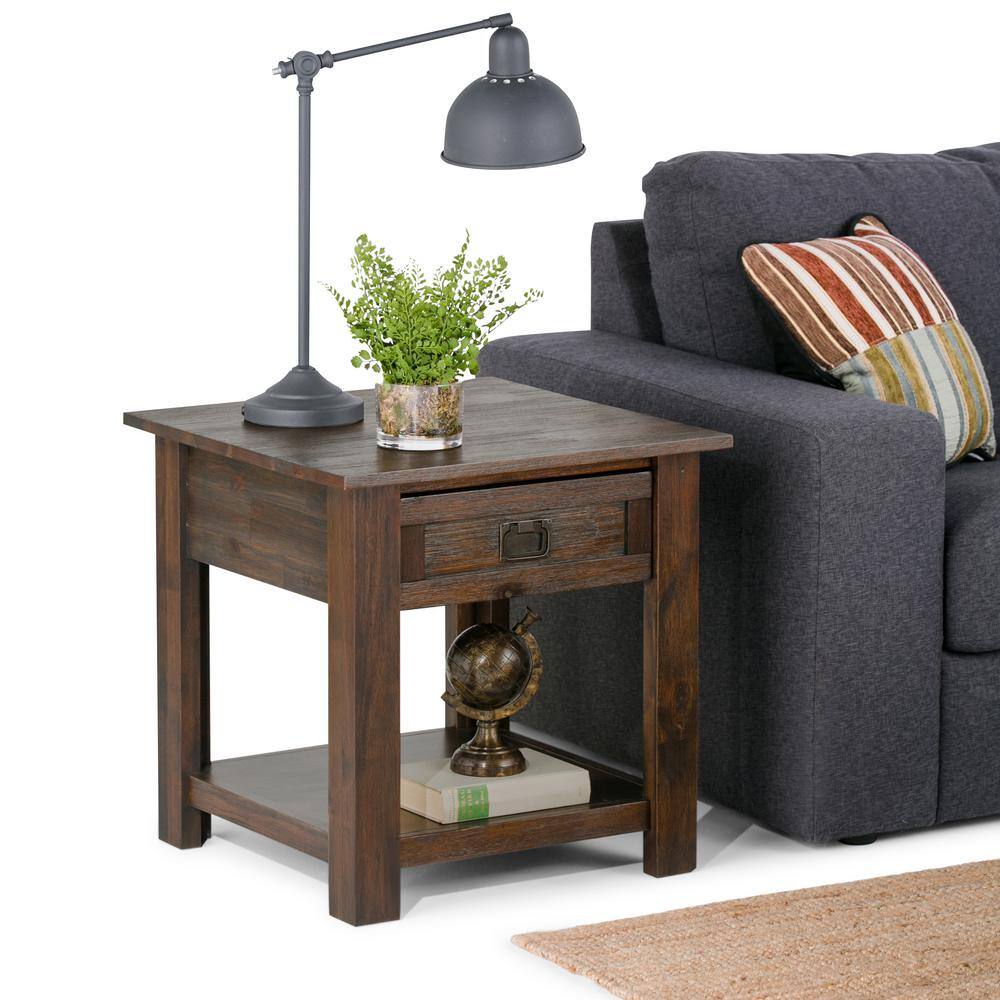 Distressed Charcoal Brown Acacia Wood End Side Table with Storage