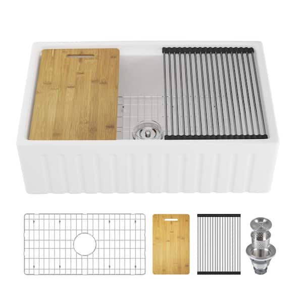 White Ceramic 33 in. Single Bowl Farmhouse Apron Workstation Kitchen Sink with Accessories