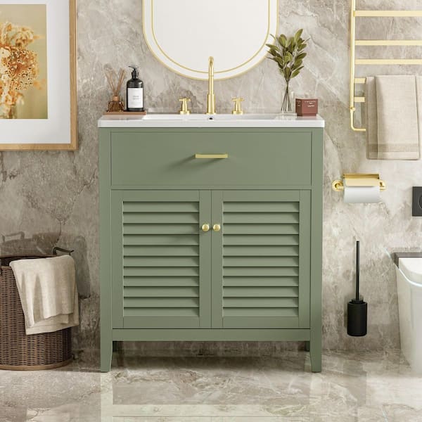 30 in. Single Sink Freestanding Green Bath Vanity with White Ceramic Top and 2 Shelves Storage Cabinet Unassembled