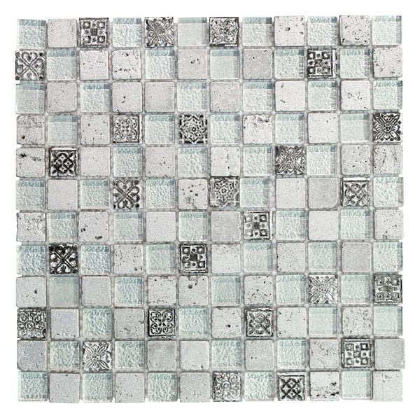Jeffrey Court Silver Relic 11.75 in. x 11.75 in. x 8 mm Glass and Travertine Mosaic Wall Tile