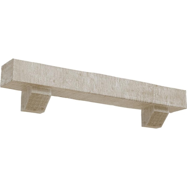 Ekena Millwork 4 in. x 8 in. x 5 ft. Rough Cedar Faux Wood Fireplace Mantel Kit with Ashford Corbels, White Washed