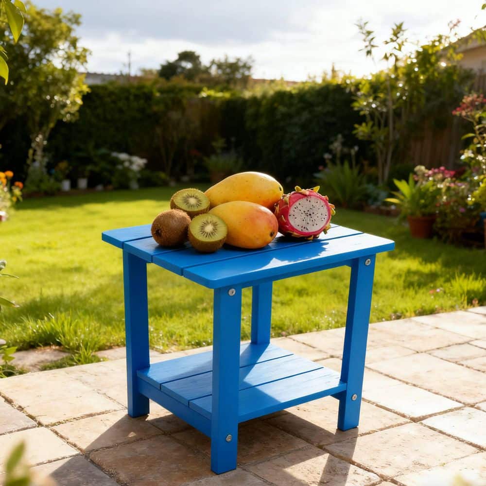 Cesicia Dark Blue HIPS Plastic Outdoor Side Table with Double Layer Top for Outdoor Yard Garden