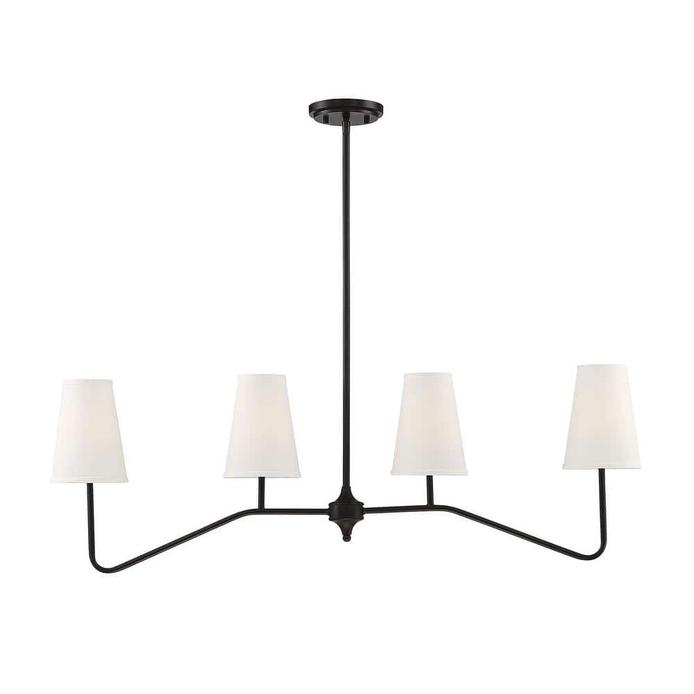 Midcentury Modern Bronze 4-Light Linear Chandelier with White Shades