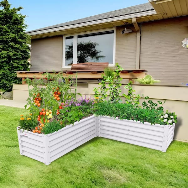 Cesicia 74 in. x 74 in. x 18 in. White L-Shaped Anti-Rust Galvanized Metal Raised Garden Bed for Planting Vegetables Flowers