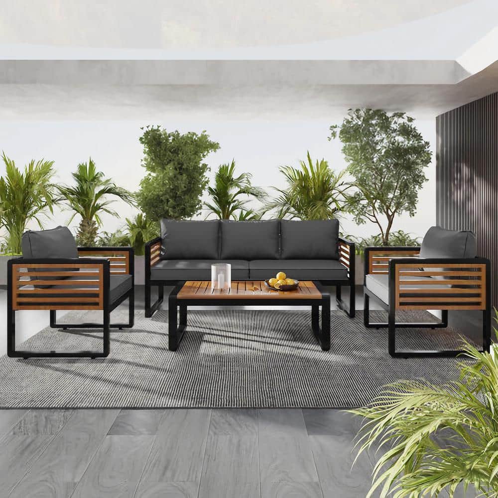 Large 4-Piece Teak Outdoor Loveseat Set, 5 Person, with Thick Cushions, Met