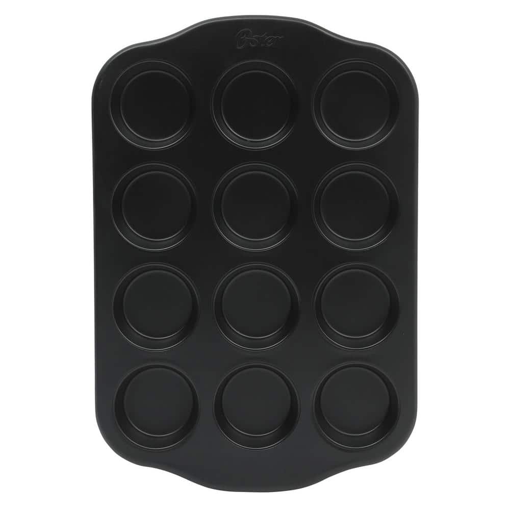 Teston Platinum Collection 12-Cup Nonstick Carbon Steel Muffin Pan in Matte Black