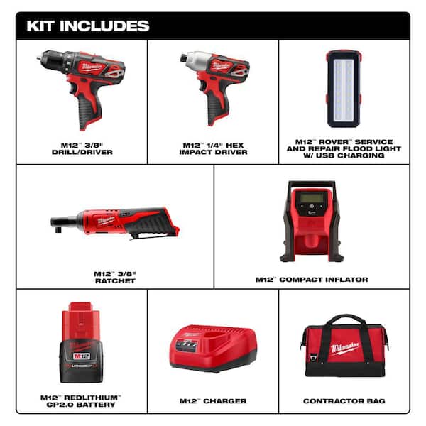 M12 12V Lithium-Ion Cordless Combo Kit with Two 2.0Ah Batteries, Charger and Bag (5-Tool)