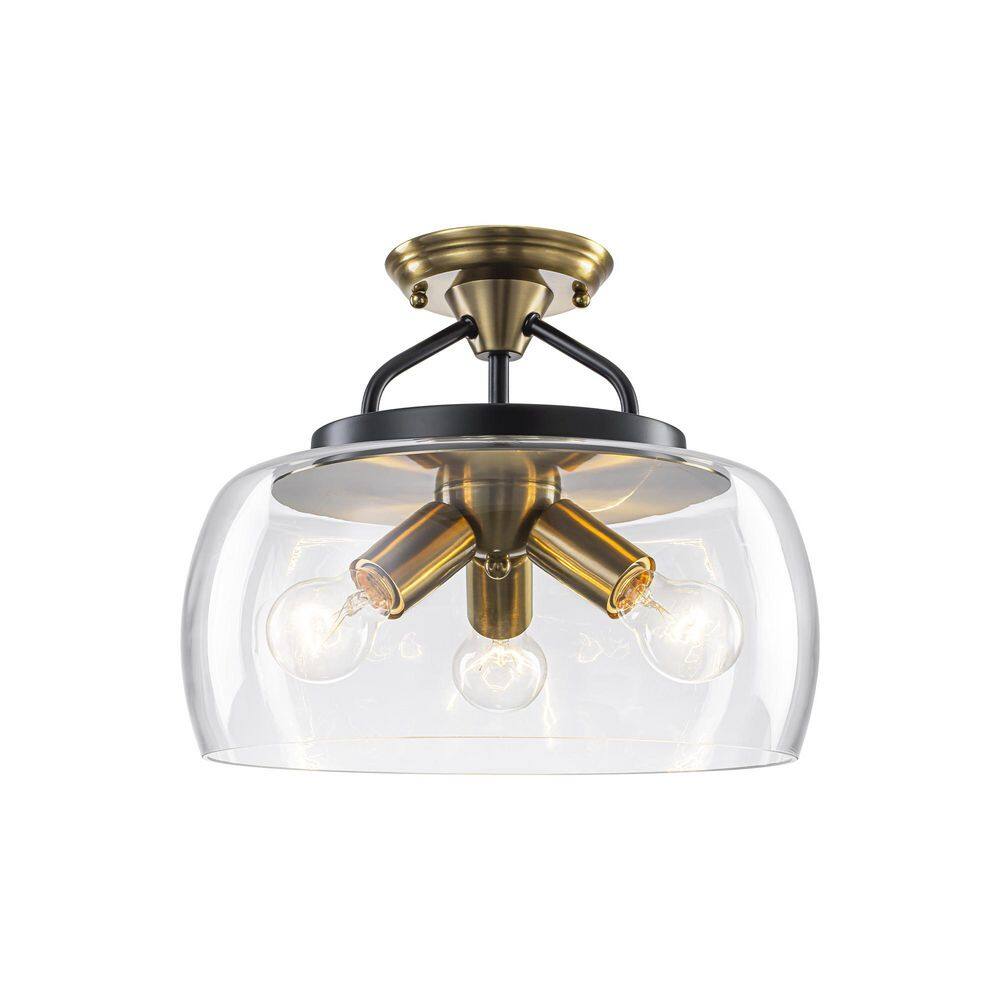 "Bailey 13.77"" 3-Light Industrial Black and Gold Clear Glass Shade Dome Semi-Flush Mount Light" price history on PriceWatchPro
