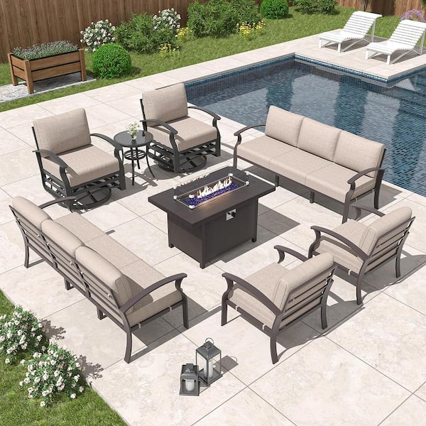 Halmuz 10-Seat Aluminum Patio Conversation Set with armrest, Firepit Table, Swivel Rocking Chairs and Sand Cushions