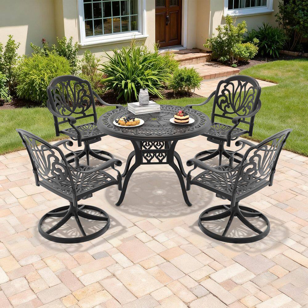 Black 5-Piece Cast Aluminum Patio Outdoor Dining Set with 4 Swivel Rockers with Brown Cushions and 39.37 in. Round Table price history on PriceWatchPro