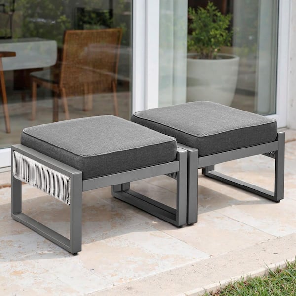 SquareChic Metal and Light Beige Wicker Outdoor Ottoman with Olefin Gray Cushion (2-Pack)
