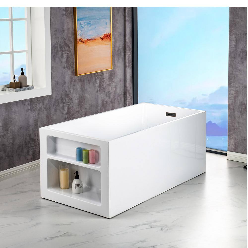 59'' x 29.5'' Freestanding Rectangular Acrylic Soaking Bathtub with Built-In Storage