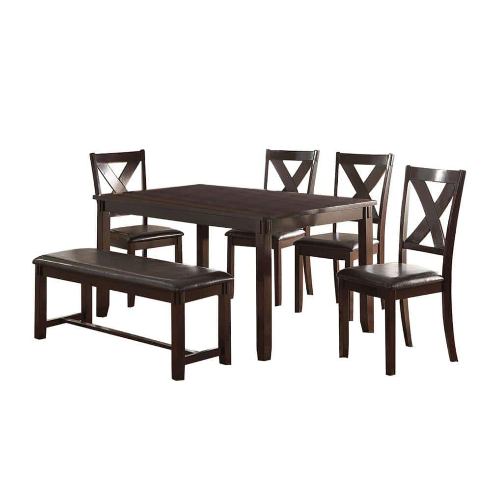 Benjara 6Piece Espresso Brown Rubber Wood Dining Set BM167137 The