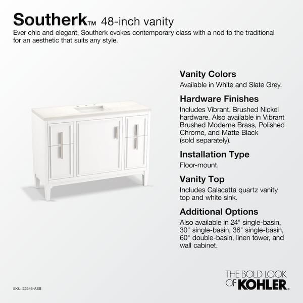 KOHLER Southerk 48.43in. Single Sink Freestanding Slate Grey Bath Vanity with White Quartz Top Assembled