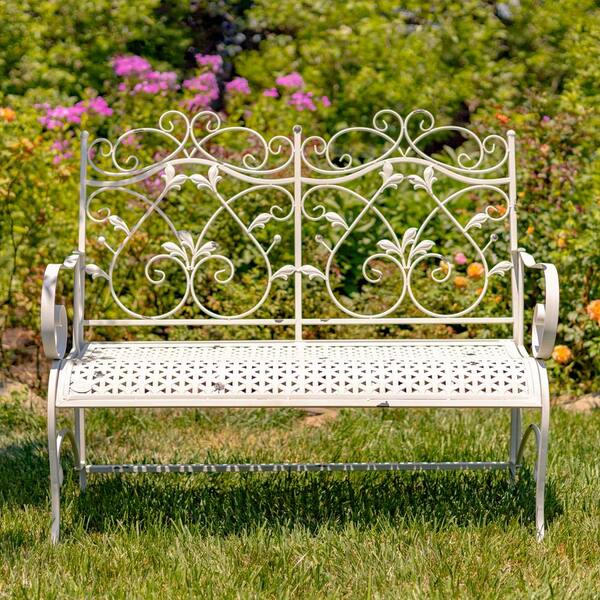 46 in. Antique White Iron Garden Bench Giai