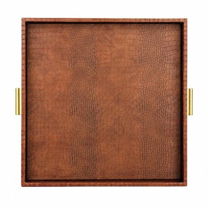 Antique Brown Square Faux Leather Decorative Serving Tray with Gold Hardware Handles, 19.7 in.