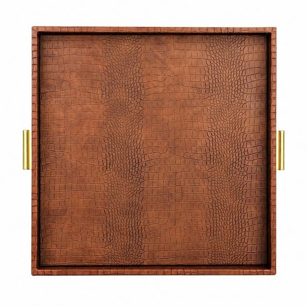Antique Brown Square Faux Leather Decorative Serving Tray with Gold Hardware Handles, 19.7 in.