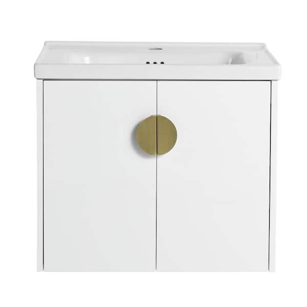 Unbranded 23.8 in. W x 18.5 in. D x 20.7 in. H Single Sink Floating Bath Vanity in White with White Ceramic Top and Handle