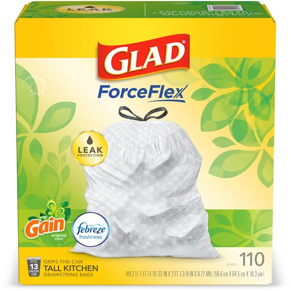Glad ForceFlex 13 Gal. White Tall Kitchen Drawstring Trash Bags Gain Original with Febreze Freshness (110-Count)