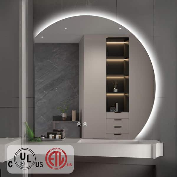 YULIKA 40 in. W x 40 in. H Novelty/Specialty Frameless Wall Bathroom Vanity Mirror Half Moon LED Mirror