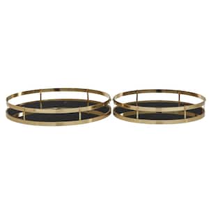 Gold Metal Decorative Tray with Black Glass (Set of 2)