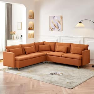 92 in. 3-piece Teddy Fabric Upholstered L-shaped Corner Sectional Sofa in. Orange with Pillows Metal Legs