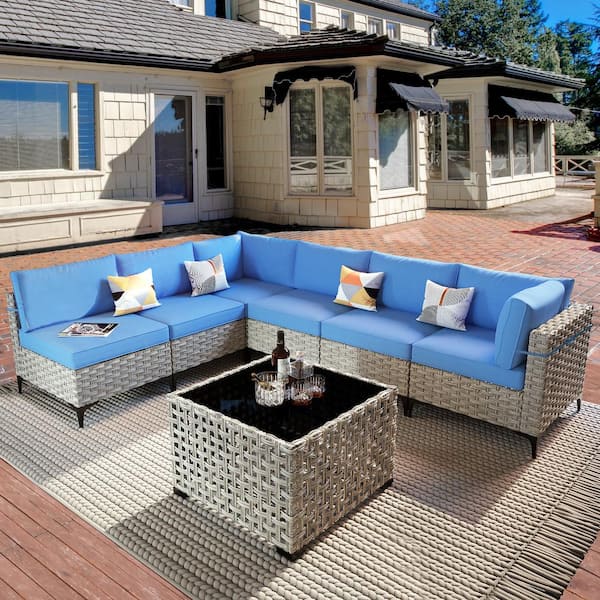 XIZZI Apollo 7-Piece Wicker Outdoor Patio Conversation Seating Set with Blue Cushions