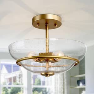 Mid-Century Modern Bowl Ceiling Light 3-Light Coastal Brass Gold Semi-Flush Mount Light with Seeded Glass Shade