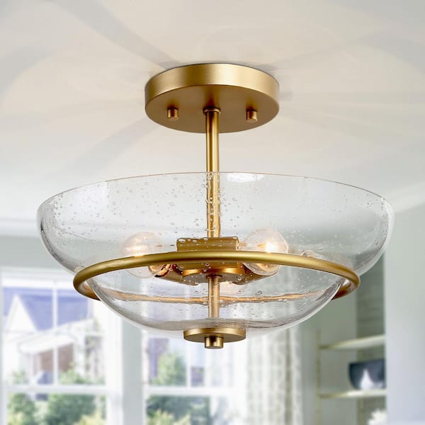 Uolfin Mid-Century Modern Bowl Ceiling Light 3-Light Coastal Brass Gold  Semi-Flush Mount Light with Seeded Glass Shade 628D7JZFUFR3679 - The Home  Depot