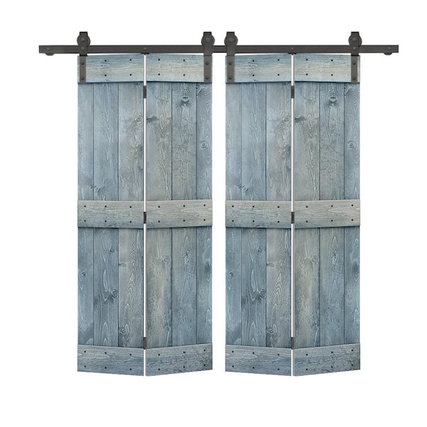CALHOME 44 in. x 84 in. Mid-Bar Solid Core Denim Blue Stained DIY Wood Double Bi-Fold Barn Doors with Sliding Hardware Kit