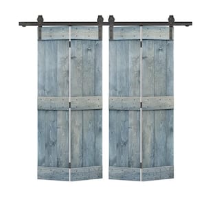 72 in. x 84 in. Mid-Bar Solid Core Denim Blue Stained DIY Wood Double Bi-Fold Barn Doors with Sliding Hardware Kit