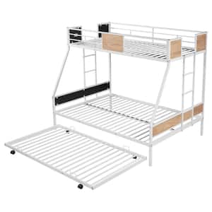 White Twin Over Full Bunk Bed with Sturdy Metal Frame, Bed Frame with Twin Size Trundle, 2-Side Ladders and Safety Rails
