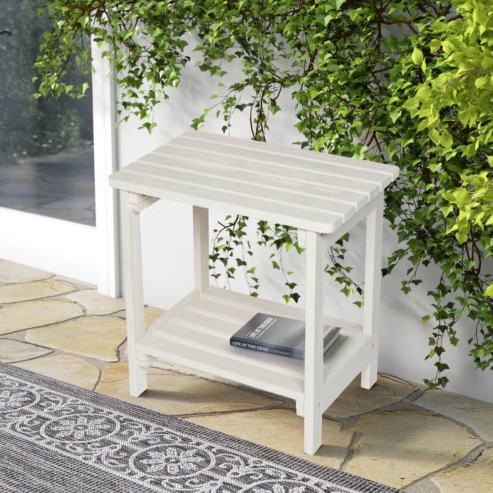 Eggshell White Cedar Wood Rectangular Side Table with Shelf
