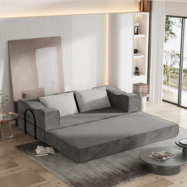 Harper & Bright Designs Convertible 80 in. Gray Chenille Fabric King Size Foam-Filled Sofa Bed with 2 Pillows, No Assembly Required