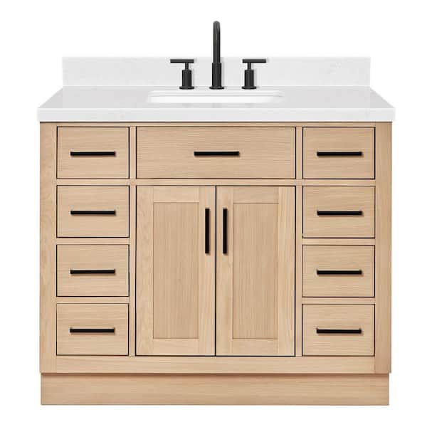 Hepburn 42 in. Single Sink Freestanding Bathroom Vanity in Oak with Carrara White Quartz Top