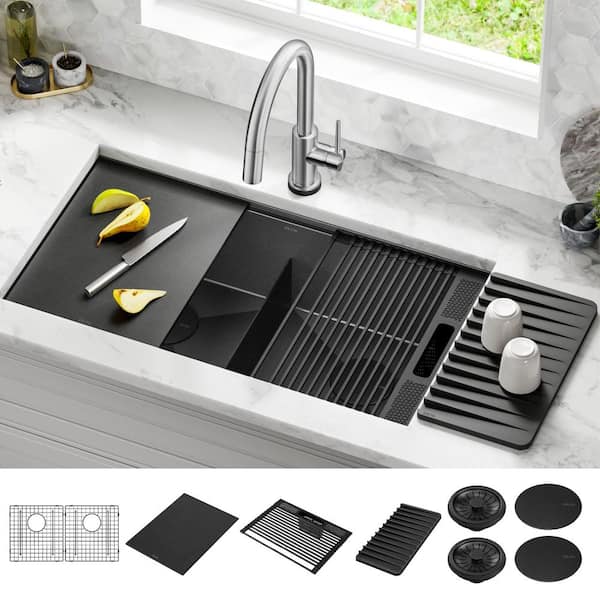 Rivet 16 Gauge Black Stainless Steel 33 in. Double Bowl Undermount Workstation Kitchen Sink in PVD Gunmetal Finish