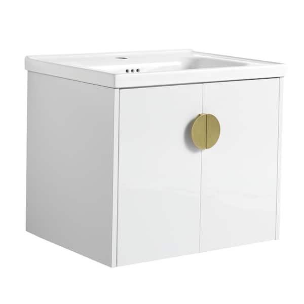 FAMYYT 24 in. W x 18.5 in. D x 20.7 in. H Single Sink Floating Bath Vanity in White with White Ceramic Top and Handle