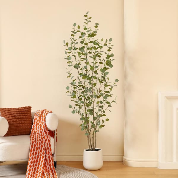 DR.Planzen 7 ft. Artificial Eucalyptus Tree with Oval White Planter, Pre Potted Artificial Eucalyptus Plant for Home Decor