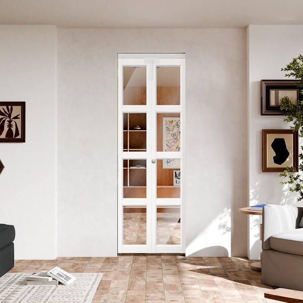 TENONER 72 in. x 80 in. 4 Lite Mirrored Glass Solid Core White PVC