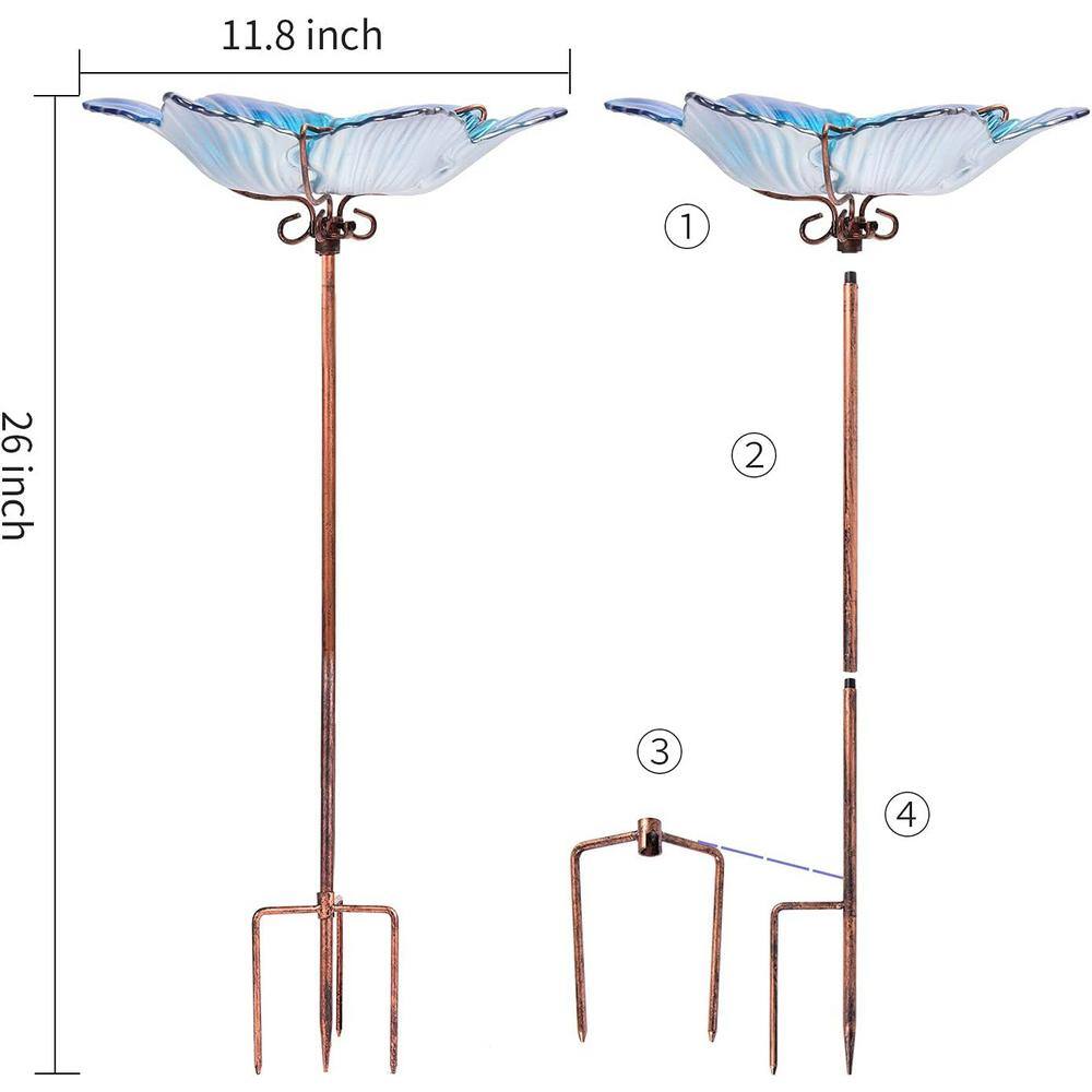 Blue Glass Flower Bird Bath with Metal Stake