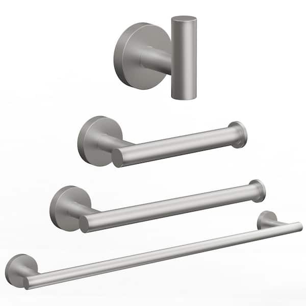 4-Piece Stainless Steel Bath Hardware Set with Towel Bars, Toilet Paper Holder, and Towel Hook in Brushed Nickel