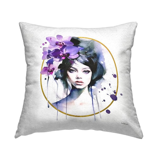 Woman with Purple Orchids Purple Square Outdoor Throw Pillow