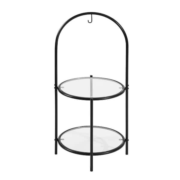 Homy Casa Sexton 37.4 in. Black Round Glass Indoor Plant Stand with 2 Tiers