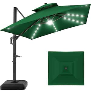 10 ft. Solar LED 2-Tier Square Cantilever Patio Umbrella with Base Included in Green