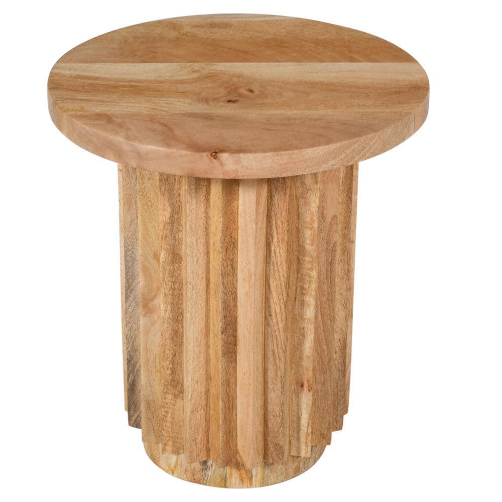 Natural Brown Mango Wood Round End Table with Reeded Base