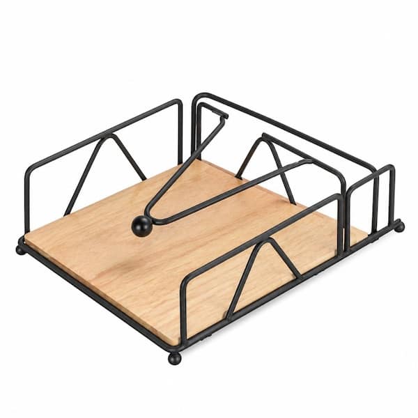 Modern Square Napkin Holder with Wooden Base and Metal Dispenser with Salt and Pepper Caddy for Dining