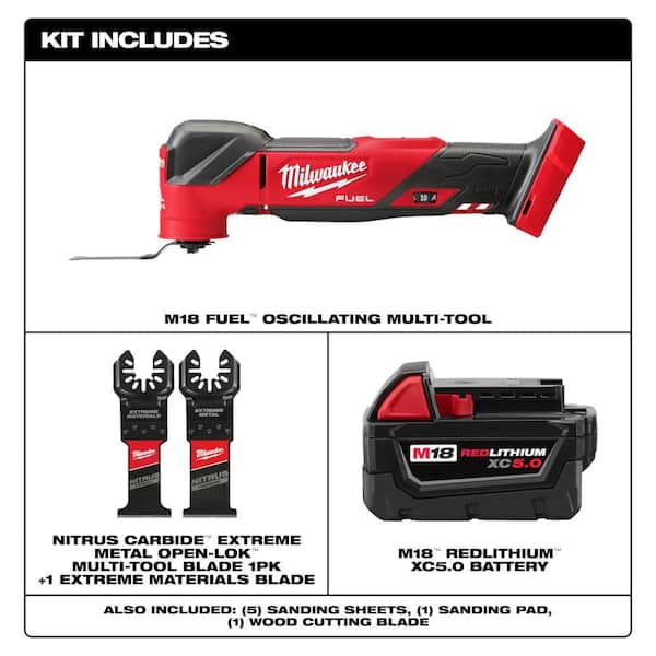 M18 FUEL 18V Brushless Oscillating Multi-Tool w/5.0Ah Battery & Nitrus Carbide Blade (2-Pk)